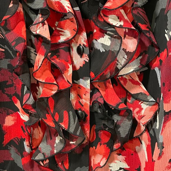 NWT JM COLLECTIONS "Savoir Faire" Ruffle Front Blouse Red/Black Floral Women 16 - Picture 5 of 11